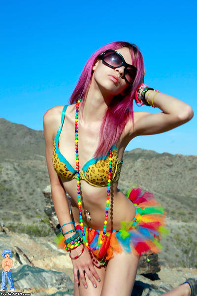 Super sexy skinny purple haired party girl naked in the sunshine