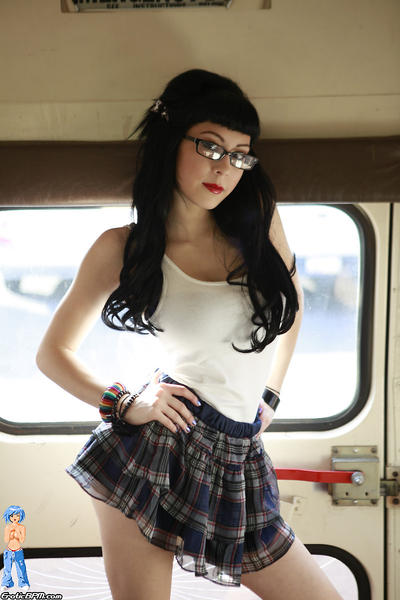 Hot Gothic Schoolgirl in glasses flashing on schoolbus